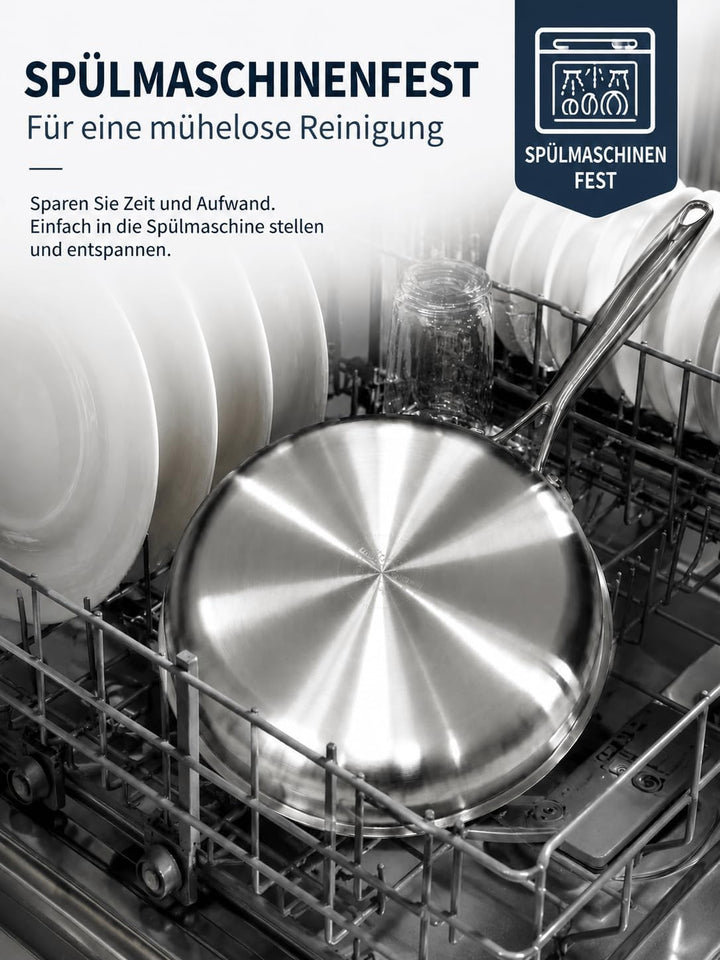 Edelstahlpfanne 28 cm mit Deckel, Unbeschichtete Bratpfanne für Induktion, Durchgehend 3-lagig (3 mm