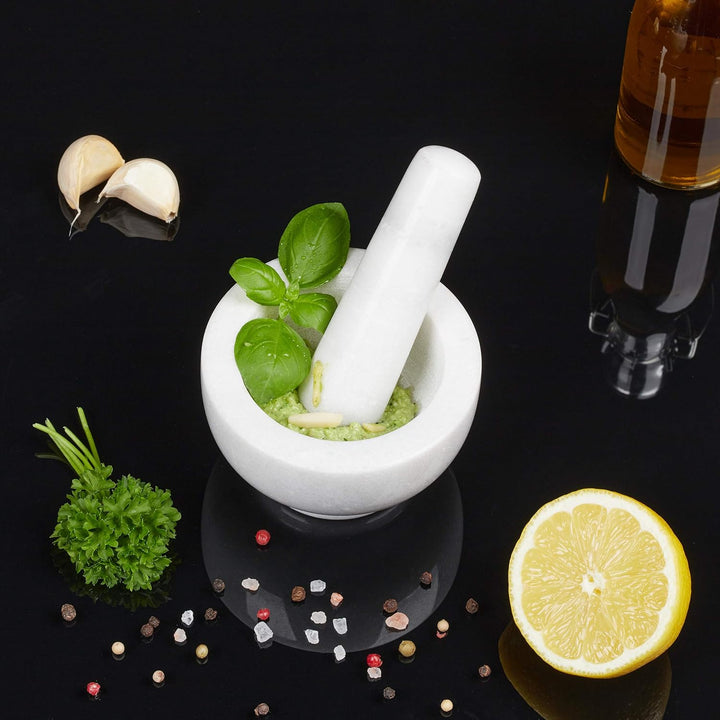 Relaxdays Marmor Mörser mit Stössel, robust & langlebig, Gewürze, Kräuter, polierter Steinmörser, Ø
