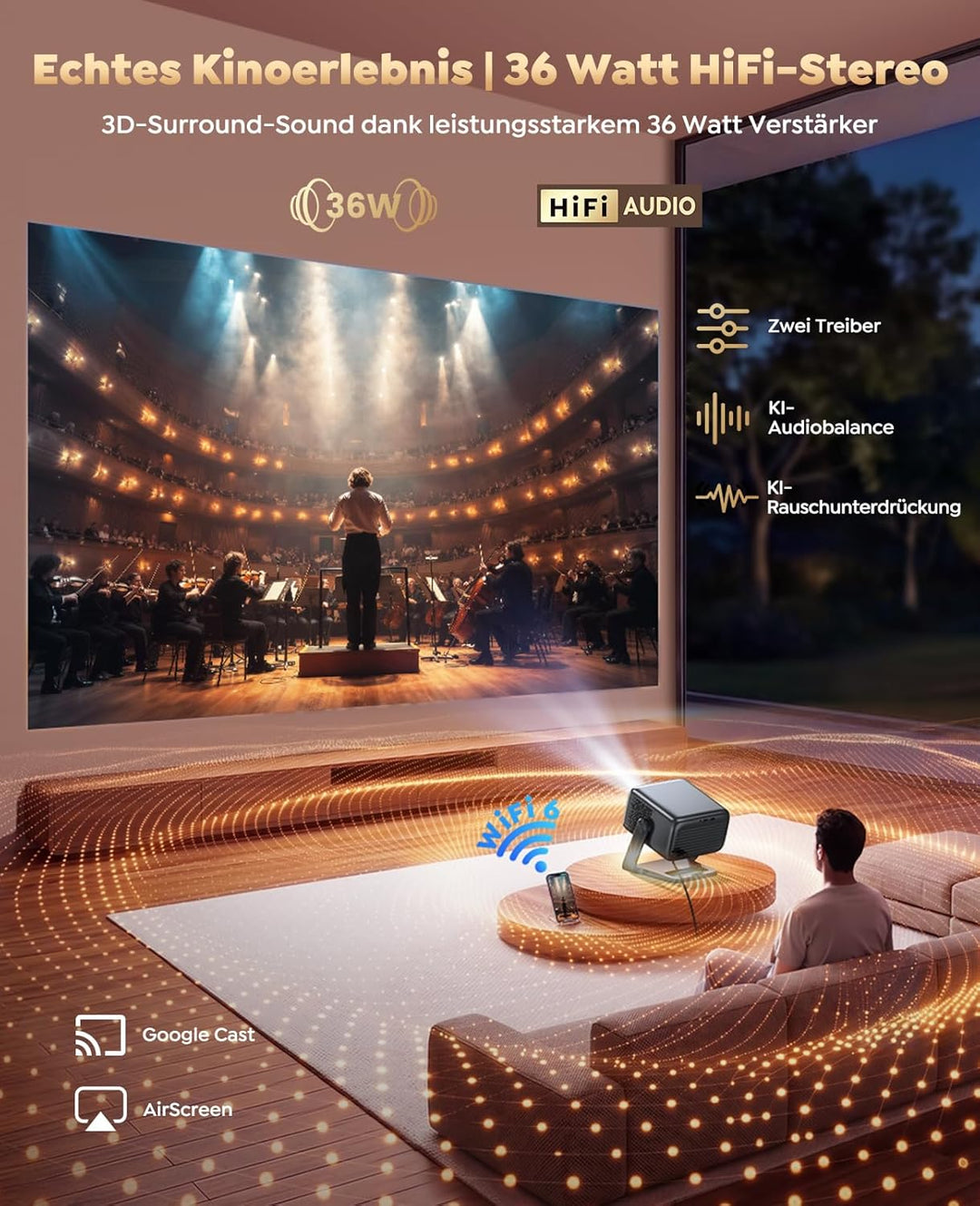 Smart Beamer【Google TV & 30W Lautsprecher】Beamer 4K Heimkino Unterstützt Autofokus/6D Trapezkorrektu