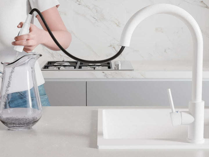 Küchenarmatur mit ausziehbarer Brause und 2 Strahlarten Primagran 9010 Weiss, Weiss