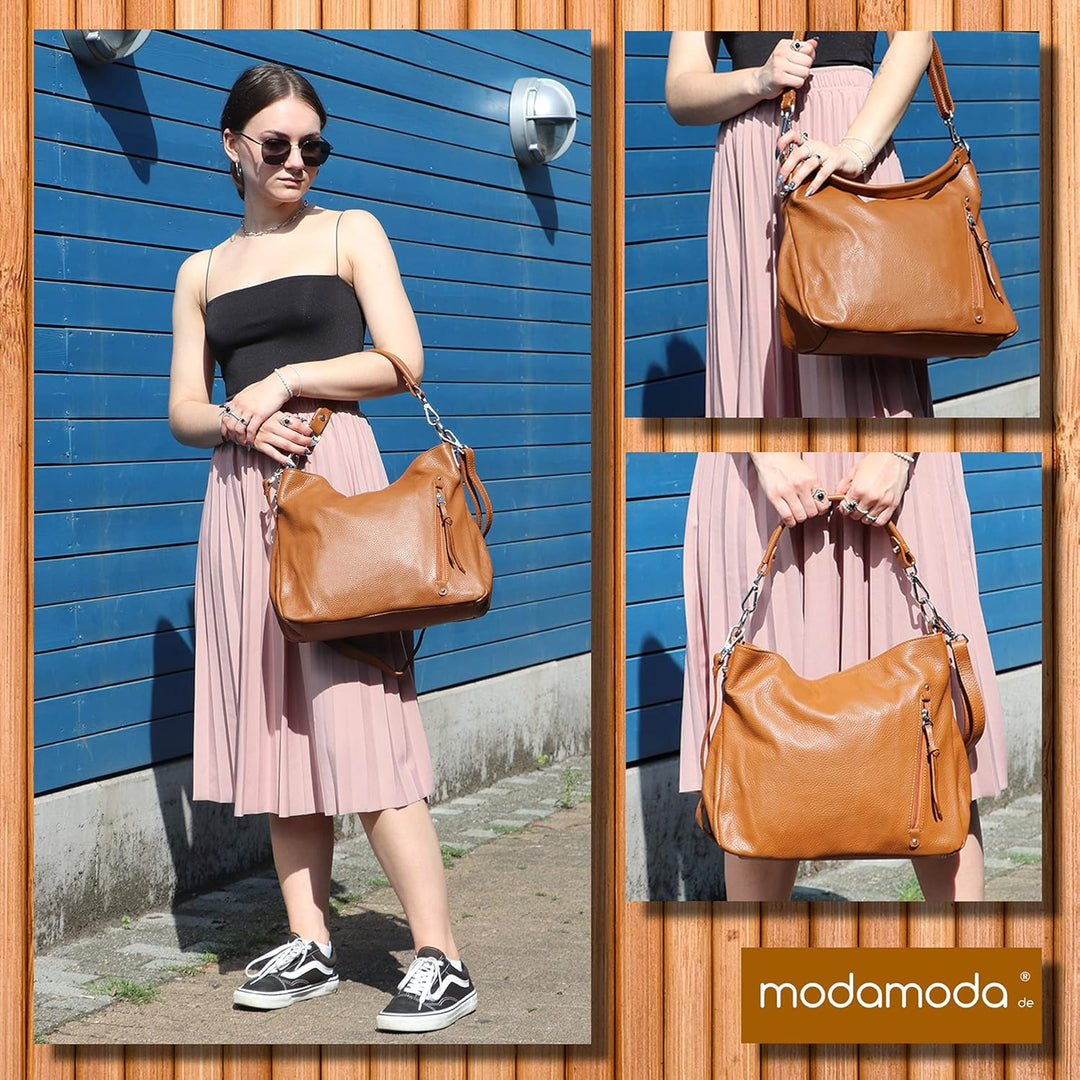 modamoda de - T183 - ital. Damen Schultertasche aus Leder Purpurrot, Purpurrot
