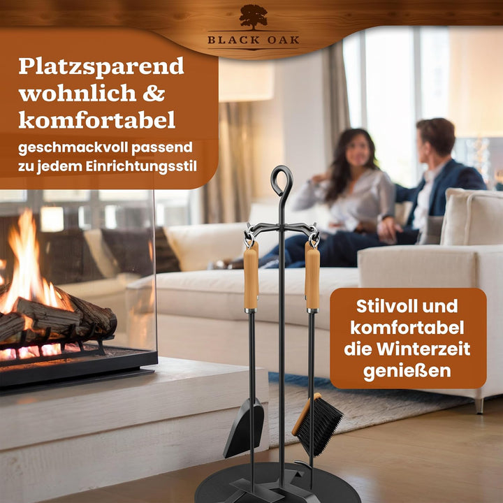 BLACK OAK Kaminbesteck ST. MORITZ 6-teilig mit Lederhandschuh - wohnliches & dekoratives Ofenbesteck