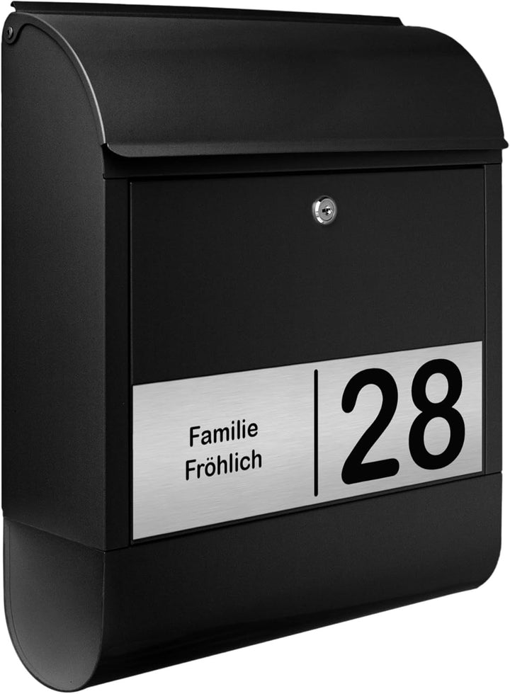 banjado® Briefkasten personalisiert mit graviertem Namensschild in Silber/Briefkasten schwarz 39x47x