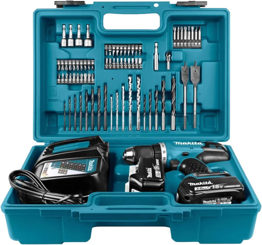 Makita dhp453rfx4 Bohrmaschine Schlagschrauber DHP453Z + 2 Akkus 18 V 3 Ah Li-Ion + 74 Zubehör + Tra
