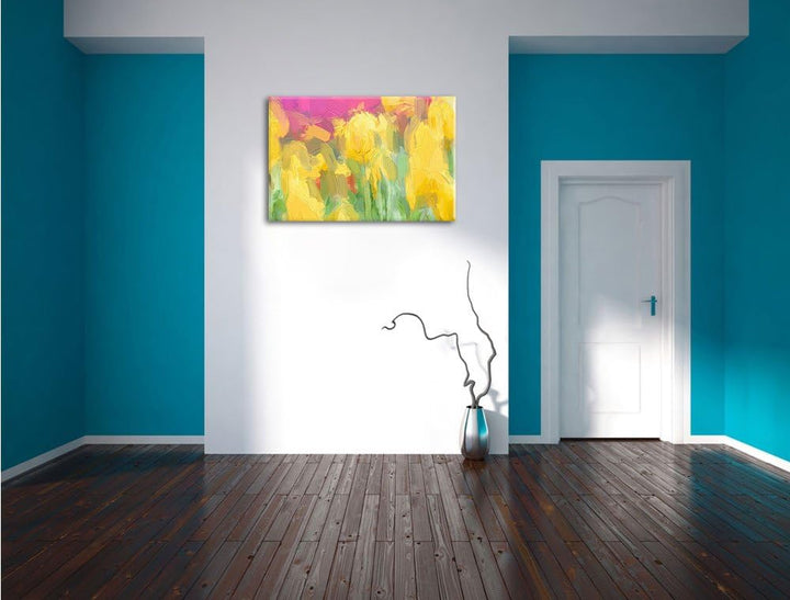 Pixxprint gelbe Tulpen im Frühling als Leinwandbild/Grösse: 100x70 cm/Wandbild/Kunstdruck/fertig bes