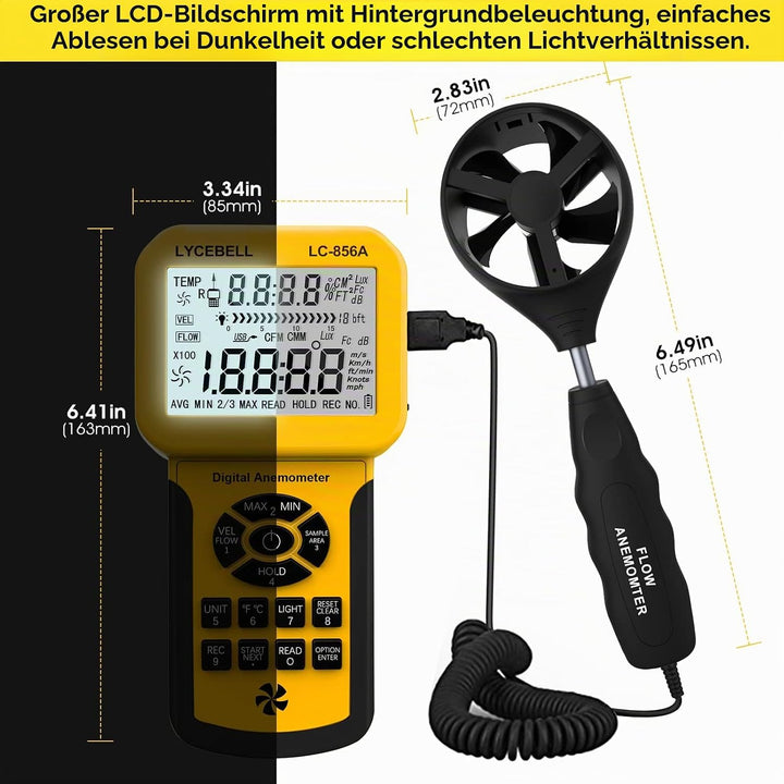 LYCEBELL Digital Anemometer, LC-856A Handheld Windmesser misst Windgeschwindigkeit, Windfluss, Tempe