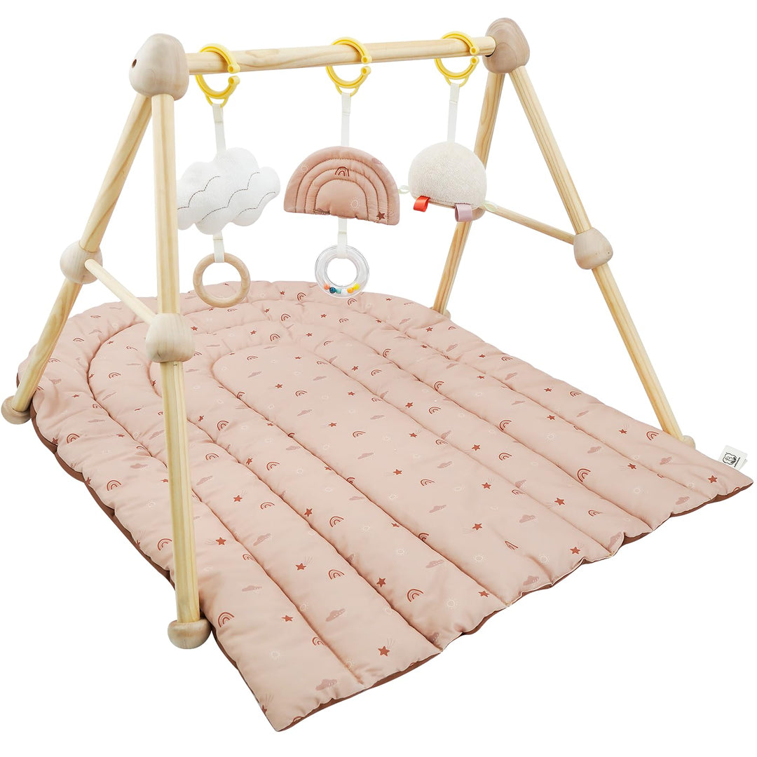 4 IN 1 Spielbogen Baby, Spielmatte Babies mit Natur Holz Activity Spielbogen, 3 abnehmbaren Spielzeu