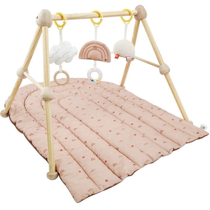 4 IN 1 Spielbogen Baby, Spielmatte Babies mit Natur Holz Activity Spielbogen, 3 abnehmbaren Spielzeu