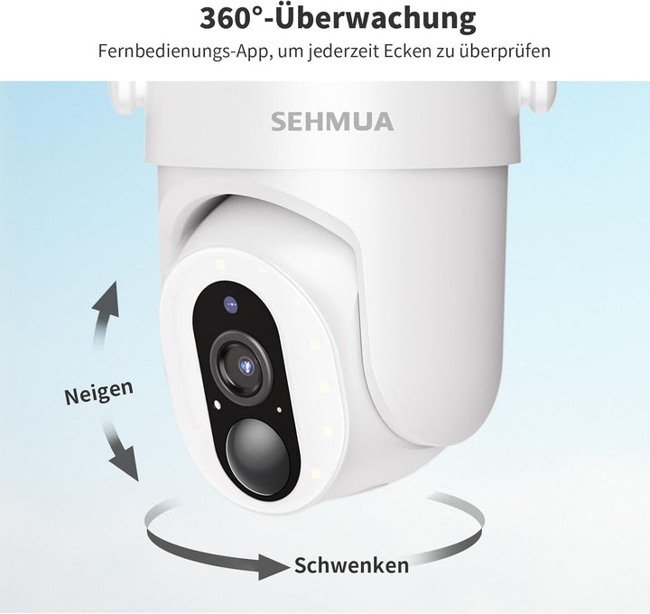 SEHMUA 2K Überwachungskamera Aussen Akku, 360° WLAN Aussenkamera mit Solar, 12 LEDs（500-Lumen） Outdo