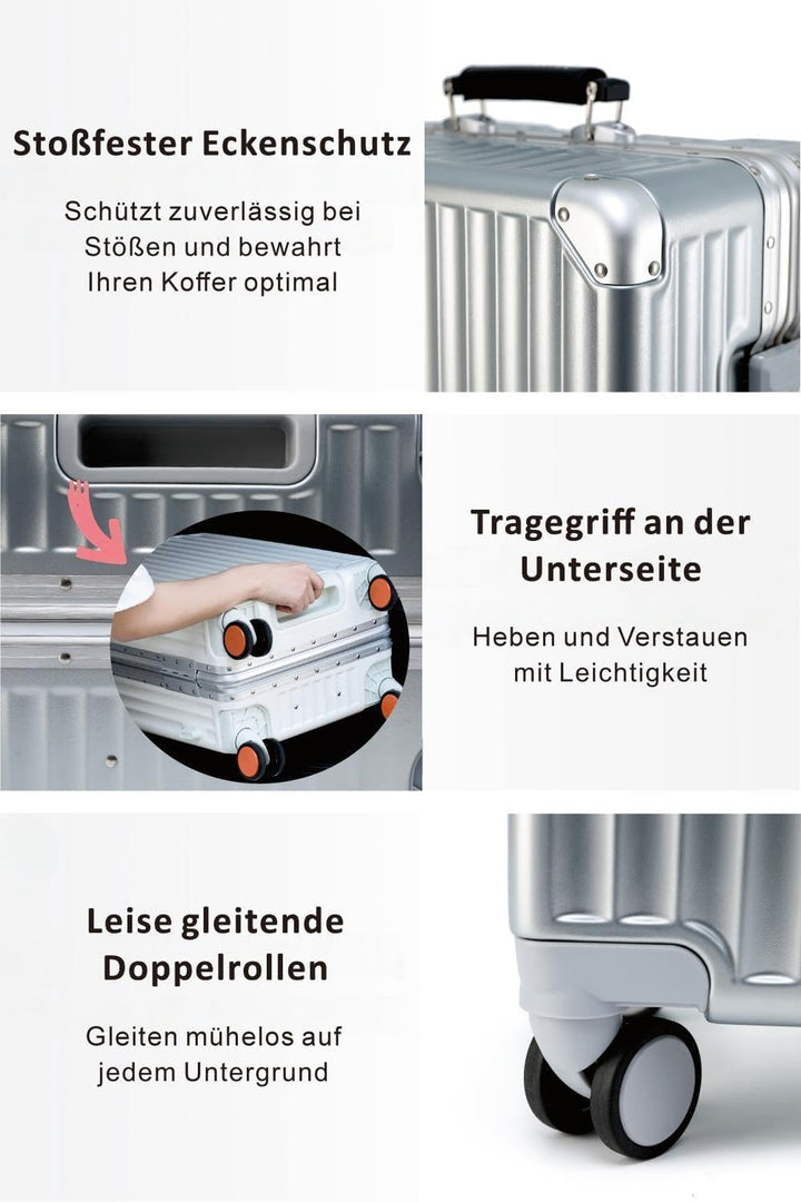 Aluminium-Rahmen Handgepäck S (58cm) – Premium Hartschalen-Koffer als Bordgepäck, mit braunem Echtle