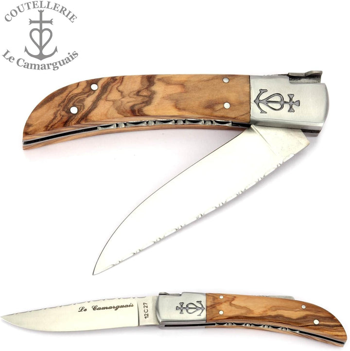 Le Camarguais 12 cm Taschenmesser 20007C - Griffschalen Oliven-Holz - Klinge 10 cm Stahl 12C27-1 Bac