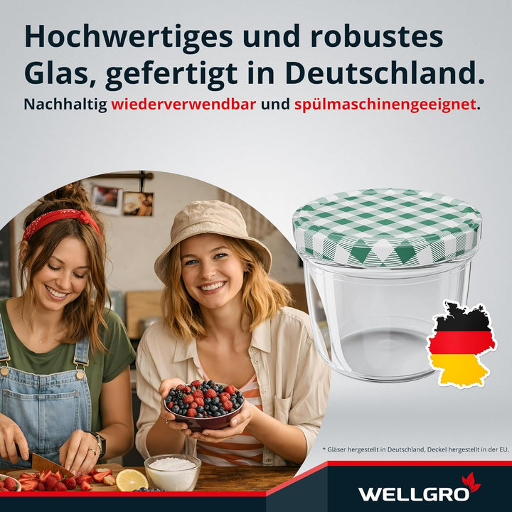 WELLGRO 25x Einmachgläser mit Schraubdeckel - 230 ml, 8,5 x 6,5 cm (ØxH), Glas/Metall, grün karierte