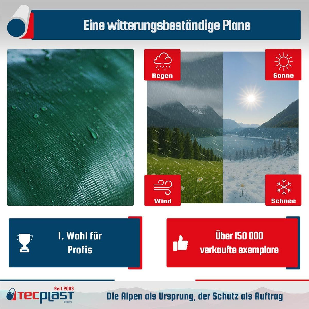 Schutzplane 4x5 m - TECPLAST 250MU - Grün und Braun - Hohe Leistung - wasserdichte Plane - Anti UV-b