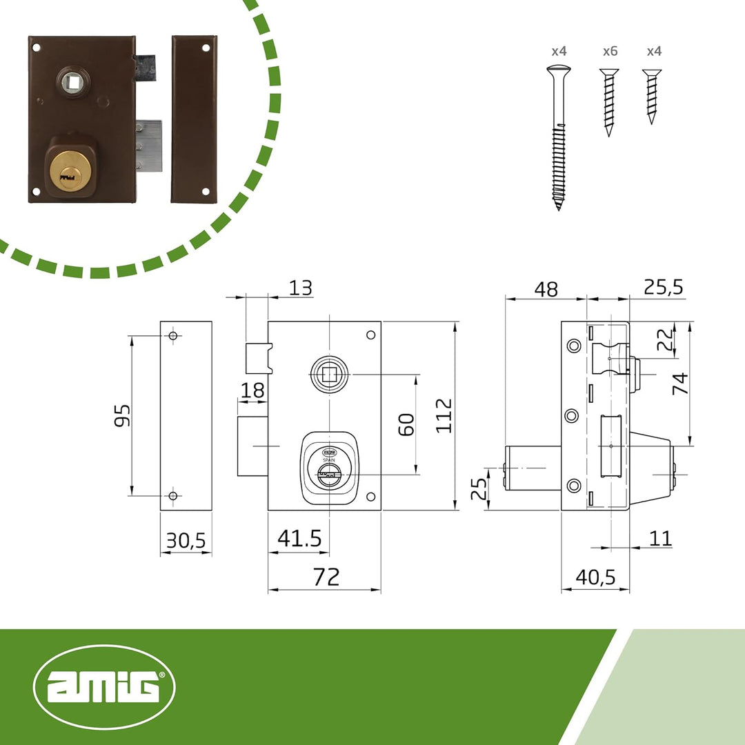 Amig - Aufschraubschloss DIN rechts mit Schliesshebel, Falle und Vierkant für Holztüren Mod. 75N - 7
