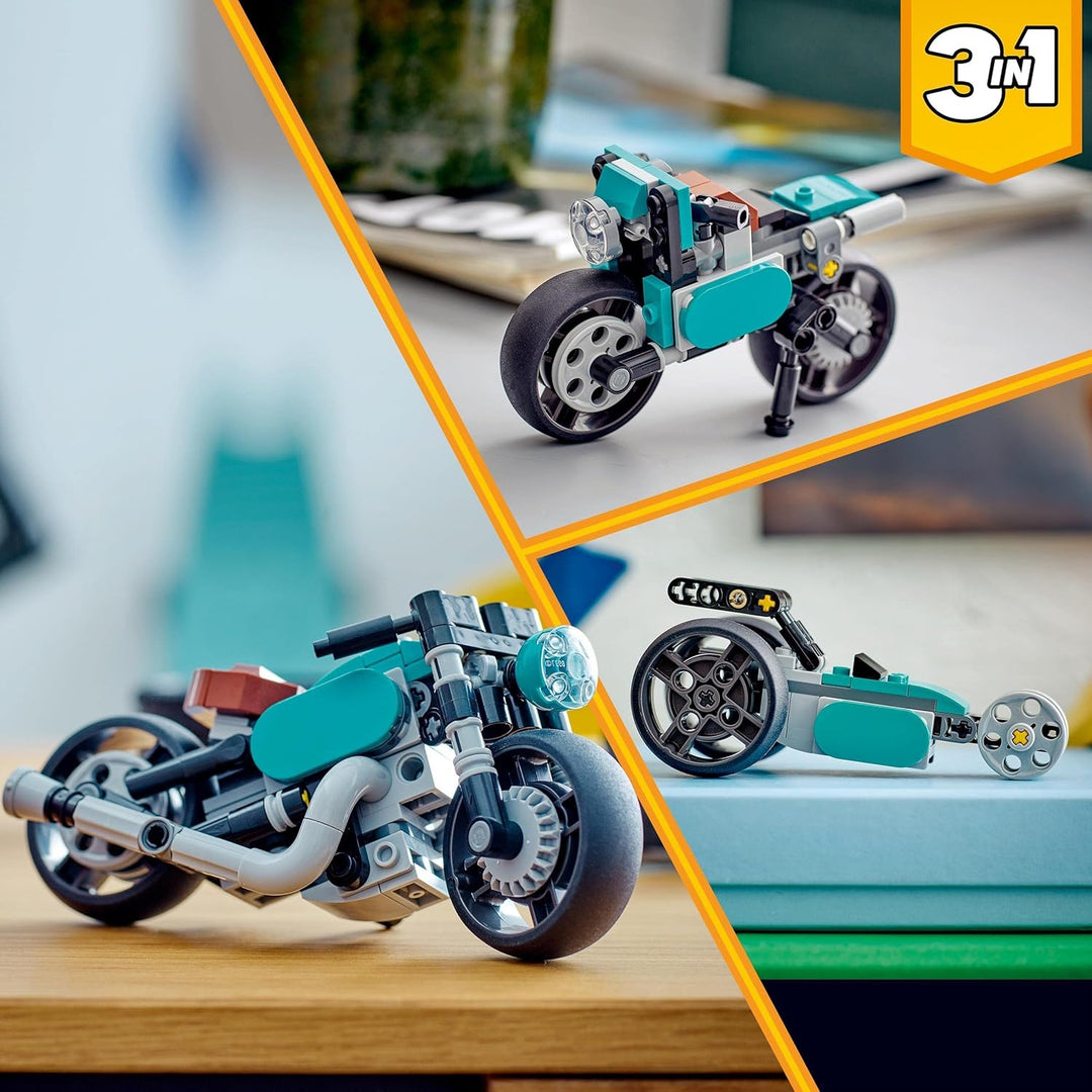 LEGO Creator 3in1 Oldtimer Motorrad Set, klassisches Motorrad-Spielzeug vom Strassenmotorrad zum Dra