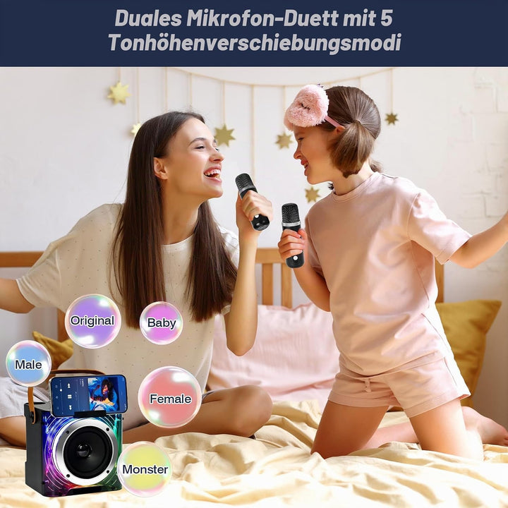 Karaoke Maschine mit 2 Mikrofone, Lautsprecher Box mit Lichteffekte, Tragbaren 5.3 Bluetooth Lautspr