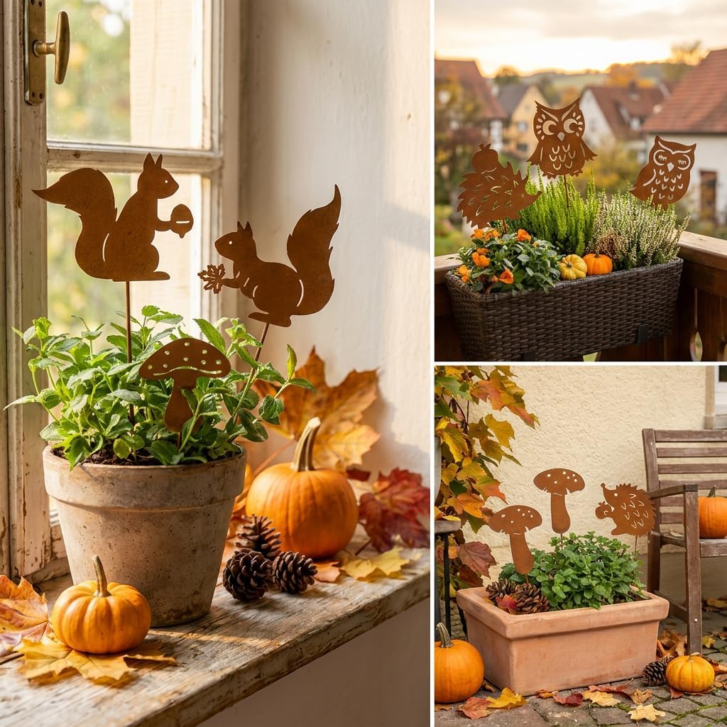 Valery Madelyn 8er Rost Gartenstecker für Herbstdeko Draussen,25cm Rostoptik Gartendeko mit Igel Eul