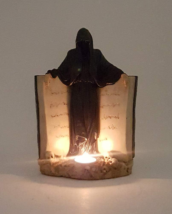 Teelichthalter Reaper mit Buch Gothic Figur Grusel Halloween Fantasy Deko Sensemann Vater Tod