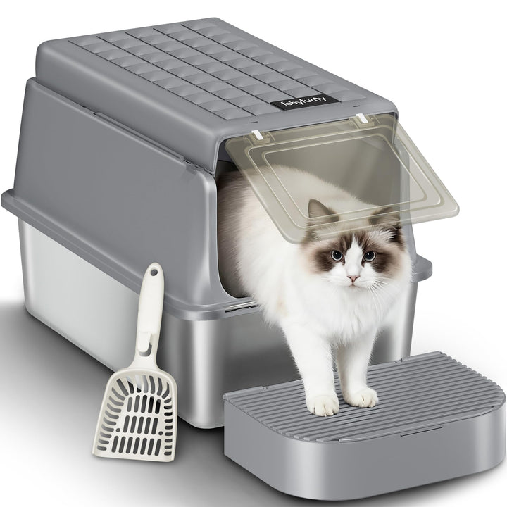 Edelstahl-Katzenklo mit Deckel, XXL Geschlossene Metall-Katzenklo, Katzentoiletten mit Schaufel und