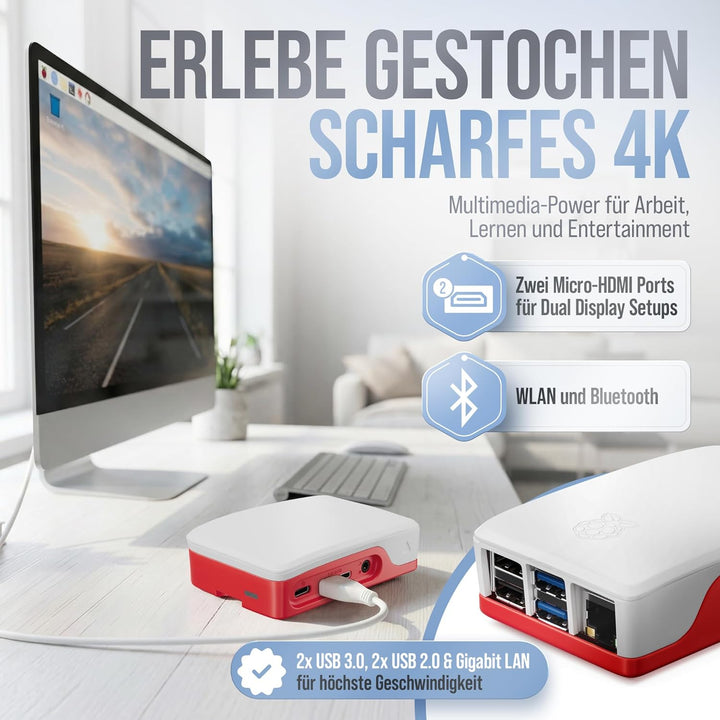 Raspberry Pi 4 1GB Starter Set | 64GB Edition | Netzteil 15W | Gehäuse rot/weiss | 4k Micro HDMI Kab