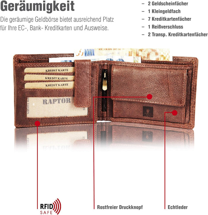 Raptor Herren-Geldbörse Echtleder Used Look Querformat braun 12x9 cm RA40003, Braun