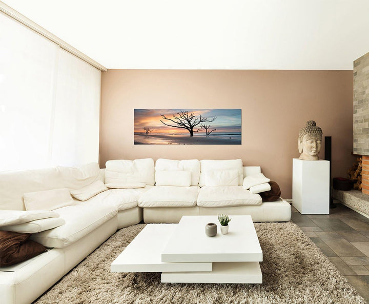 Paul Sinus Art Panoramabild auf Leinwand und Keilrahmen 150x50cm Strand Wasser Bäume Wolkenschleier