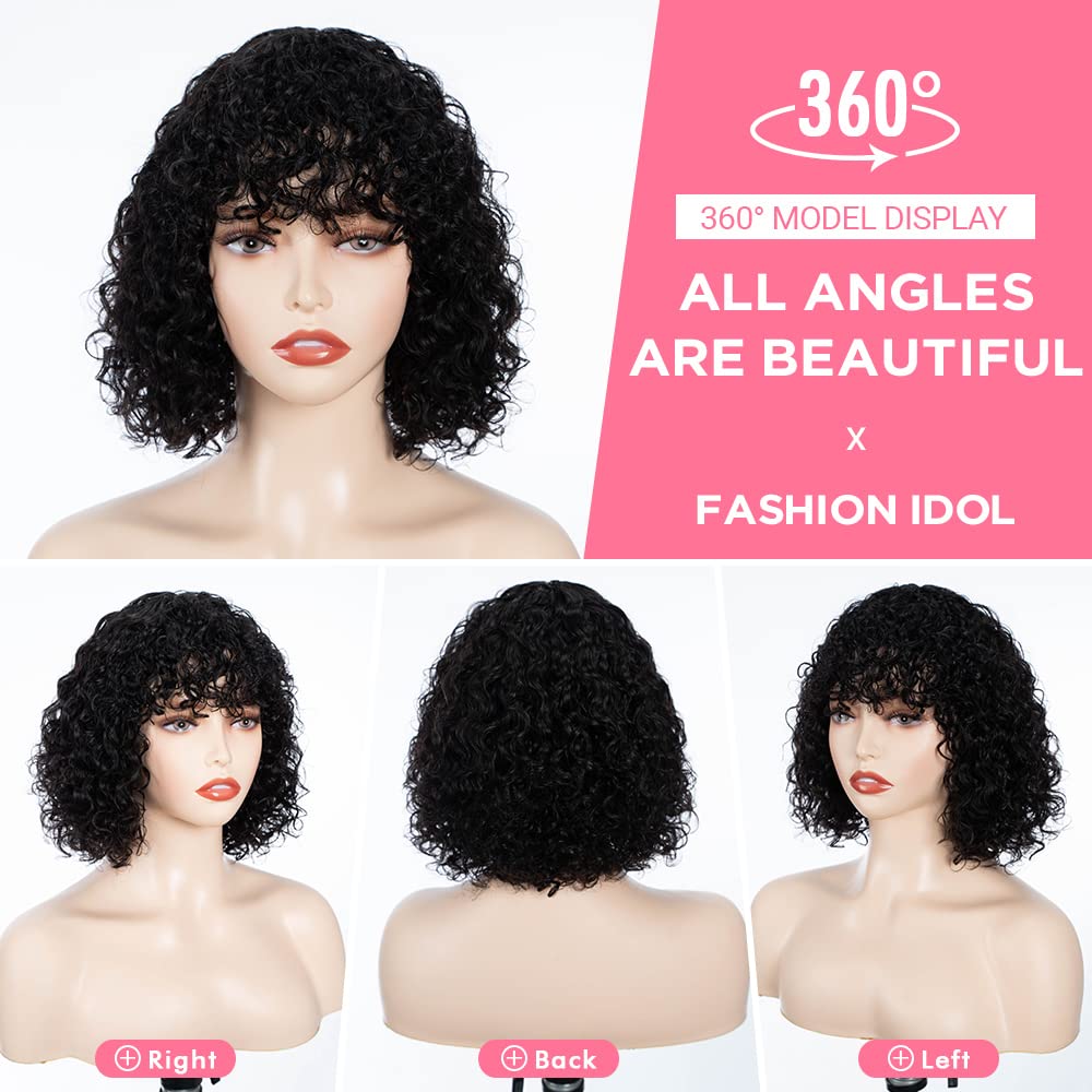FASHION IDOL Bob Curly Echthaar-Perücken mit Pony Jerry Curl Bob Perücken Echthaar brasilianische Vi