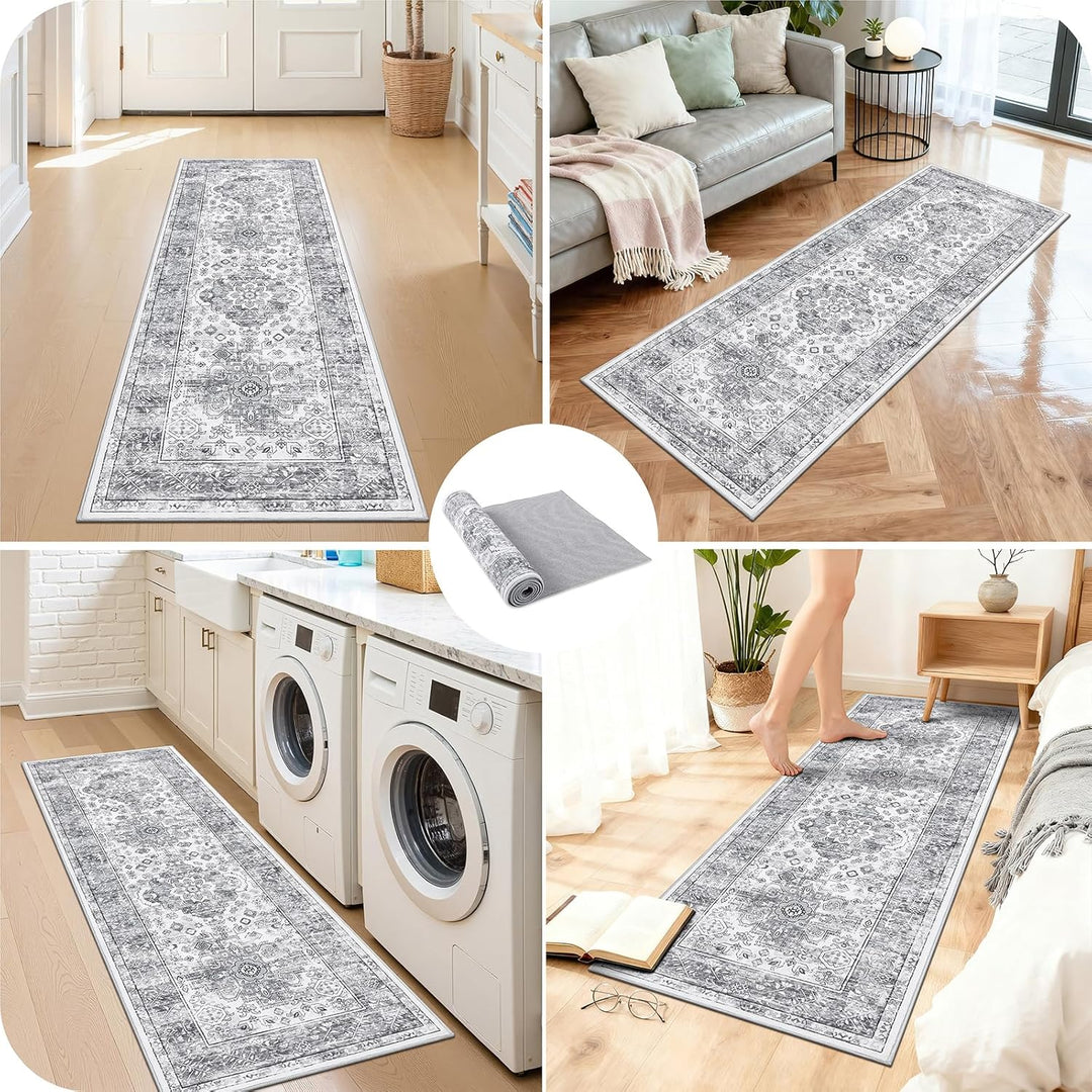 Enyhom Teppich Läufer, 60 x 180 cm Grau Extra Lange Läufer Teppiche für Flur rutschfest Waschküche M
