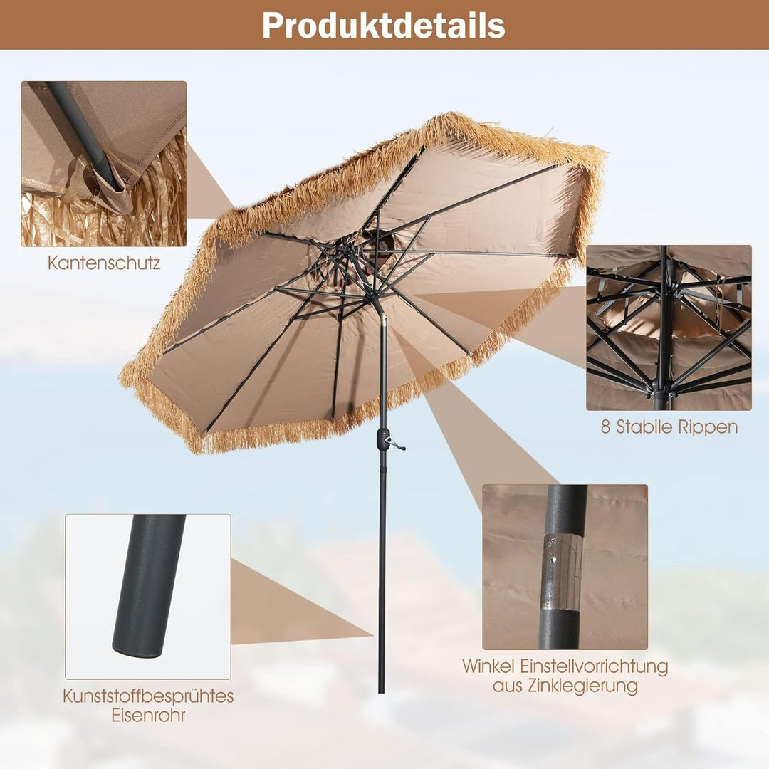 GOPLUS Sonnenschirm Hawaii, Ø 270 cm Sonnenschirm Stroh um 30° knickbar, Strandschirm mit Kurbel, St
