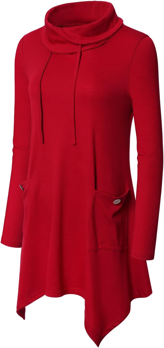 Amrto Damen Tunika Tops Turtleneck Langarm Shirts Bluse Hemd Pullover Mit Taschen XXL #2-rot, XXL #2