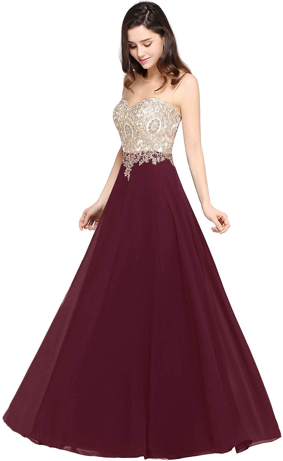 Misshow Abendkleid Chic Lang mit floralen Applikationen aus Chiffon Gr. 30 Bordeaux, 30 Bordeaux
