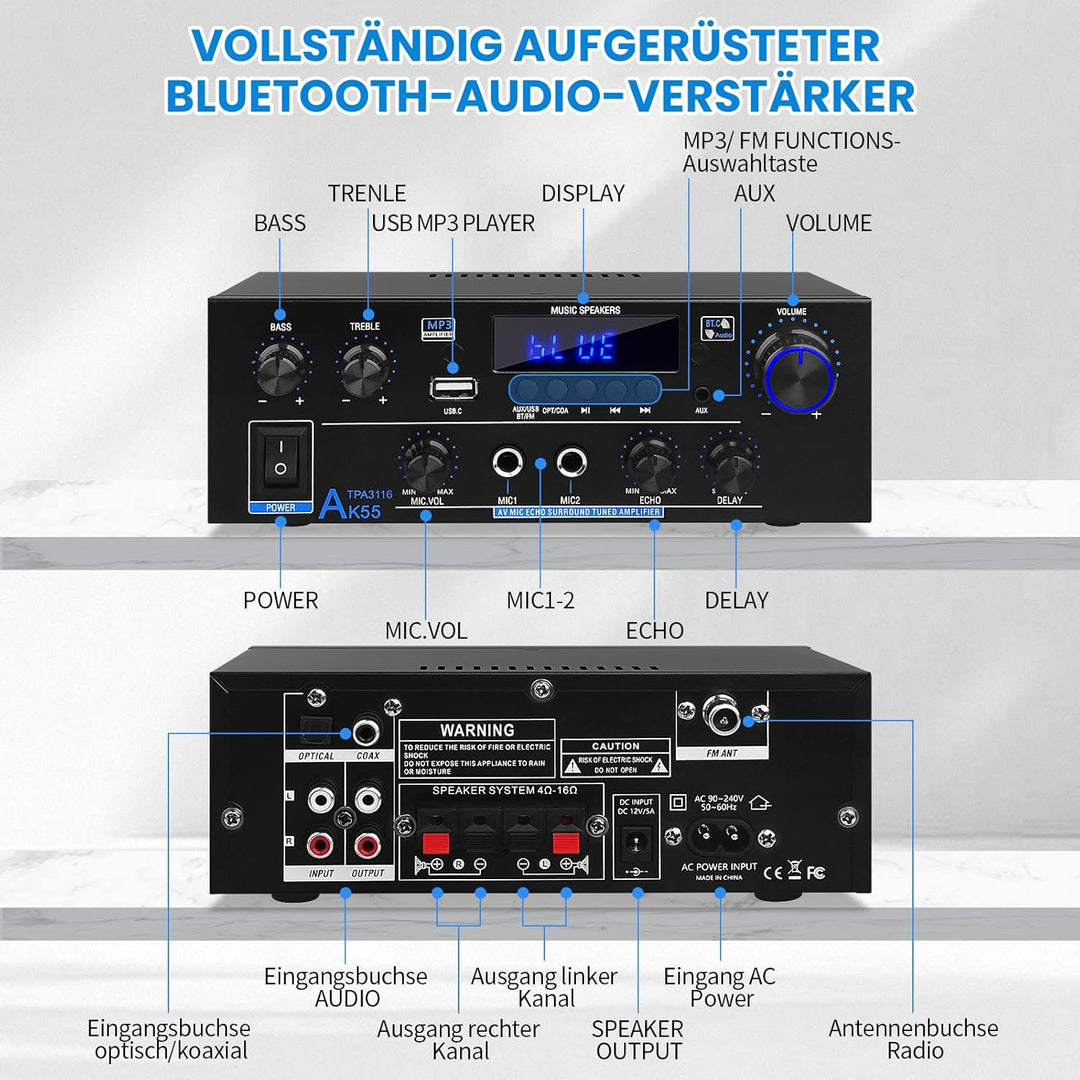 HiFi-Verstärker AK55 Bluetooth Stereo-Audioverstärker Receiver 2 Kanäle 70WX2 Max. 600W Digitale End