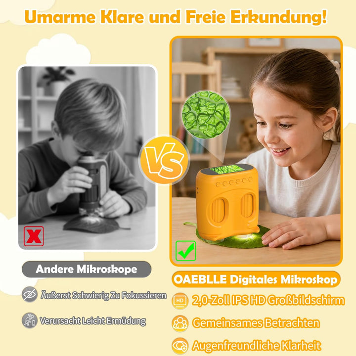 2 in 1 Digitales Kindermikroskop und Fernglas Kinder, 2,0" IPS HD Taschenmikroskop, 10x Vergrösserun