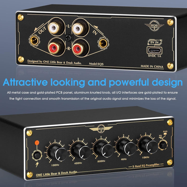 Douk Audio EQ5 Mini Vorverstärker 5-Band EQ Preamp Stereo Analog Equalizer Portable Audio Processor