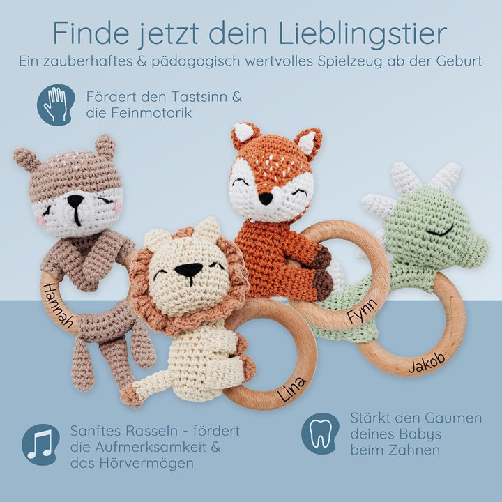 Personalisierter Beissring Baby - Niedlicher Greifling für Baby's ab 0 Monate - Babyrassel mit Name
