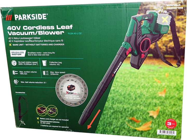 HEADNMORE® Bundle - Parkside® 40V Akku Laubsauger Laubbläser PLSA 40-Li D2 (inkl. 2x4Ah Akku) + Schl