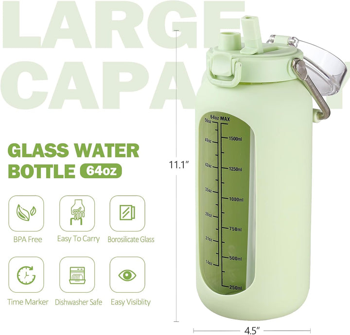 BLUEGO 2000ml Glaswasserflasche mit Edelstahlgriff und Zeitmarkierung 2L Trinkflasche Borosilikatgla