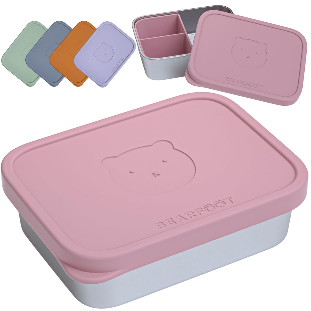 BEARFOOT Edelstahl Brotdose Kinder mit Silikondeckel (Rosa, 1.200 ml) | BPA-frei, auslaufsicher, Bro
