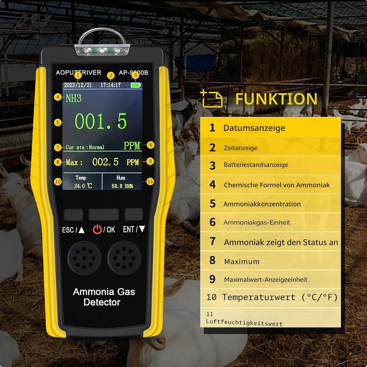 Ammoniak Gas Detektor 9000B, 0~100PPM Akustischer Optischer Alarm NH3 Luftqualitätsmessgerät für Ind
