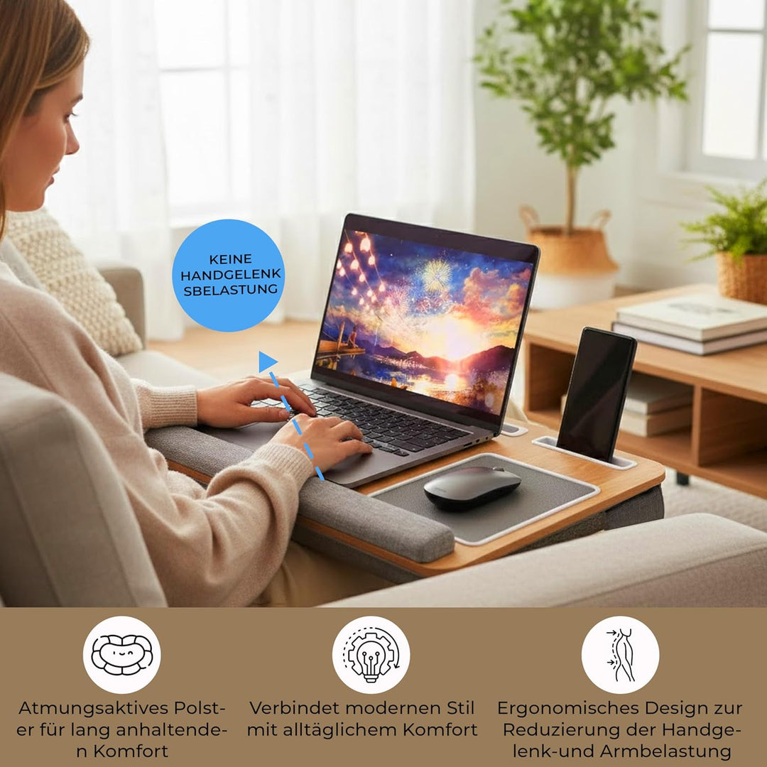 Laptopkissen für Bett &amp; Sofa – Knietablett mit Kissen, Handyhalter &amp; Handgelenkauflage – Passend bis