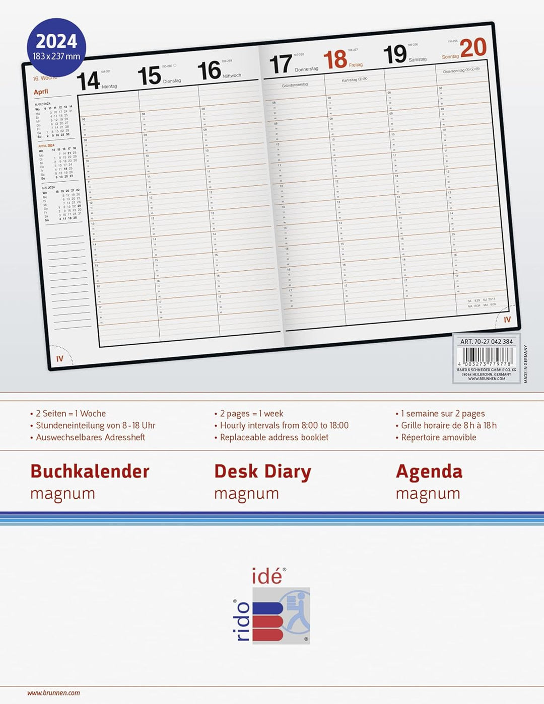 rido/idé Wochenkalender Modell magnum 2024 2 Seiten = 1 Woche Blattgrösse 18,3 x 24 cm dunkelblau