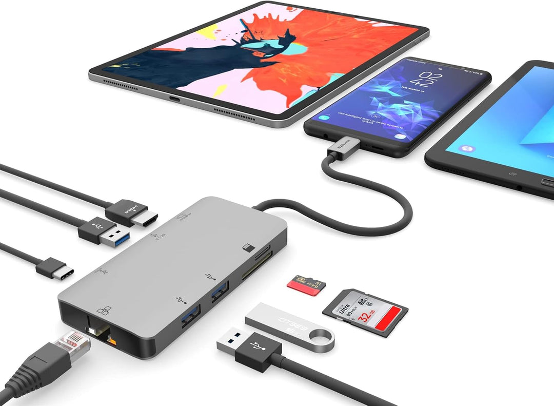EZQuest USB-C Multimedia Hub Adapter 8 Anschlüsse (HDMI 4K 30Hz, 100W USB-C PD 3.0, Gigabit Ethernet