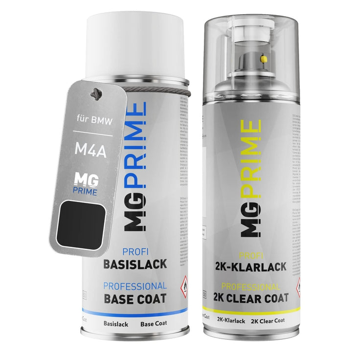 MG PRIME Autolack 2K Spraydosen Set für BMW M4A Nachtschwarz Uni Matt Basislack 2 Komponenten Klarla