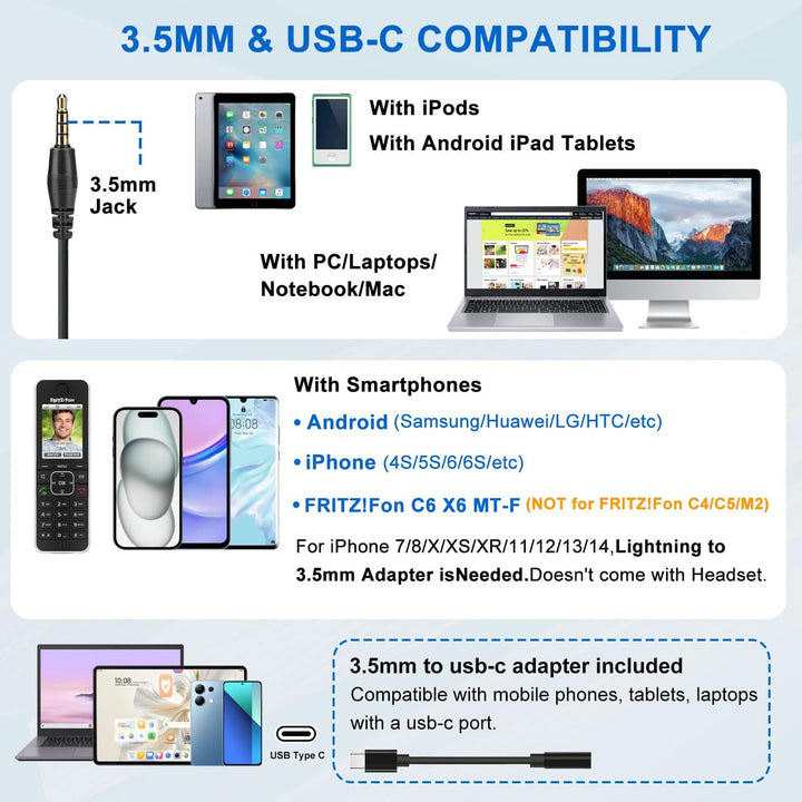 3,5mm Klinke Headset Handy mit Mikrofon Noise Cancelling, USB-C PC Headset mit Kabel für Laptop Mac