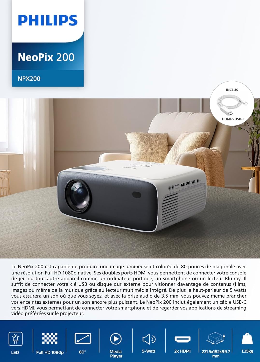 Philips NeoPix 200, Beamer Full HD 1080p, hoher Kontrast, mehrere Bildkorrekturen für eine flexible