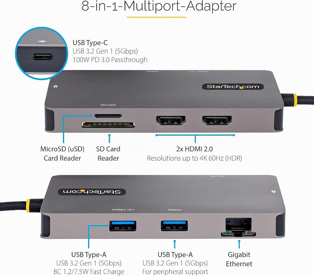 StarTech.com USB C Multiport Adapter, USB C auf Dual HDMI Video, 4K 60Hz, 5Gbit/s USB-A Hub, 100W PD