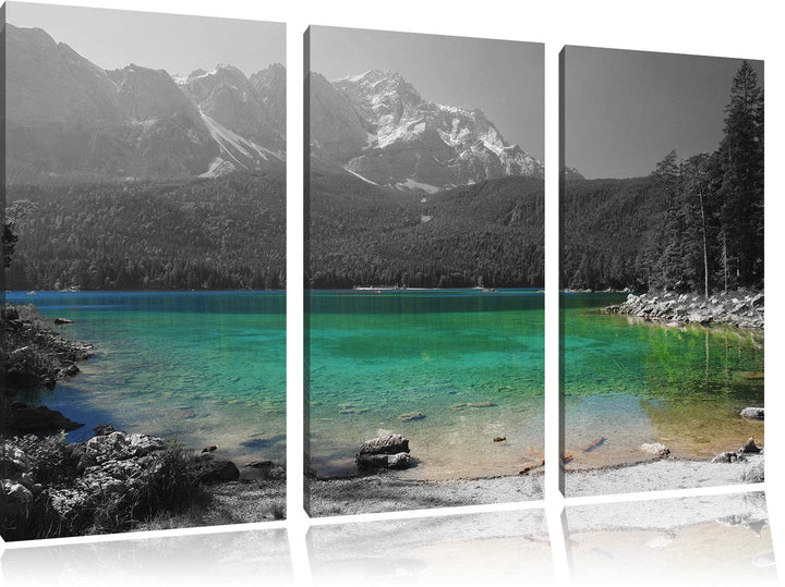 Eibsee vor der Zugspitze schwarz/weiss 3-Teiler Leinwandbild 120x80 Bild auf Leinwand, XXL riesige B
