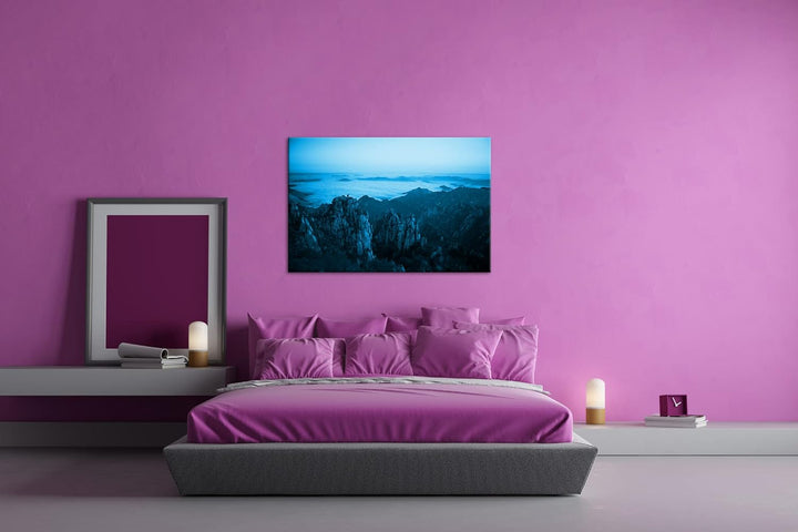 die Gelben Berge in China Format 80x60 Effekt: Monocrome Blau als Leinwandbild, Motiv fertig gerahmt