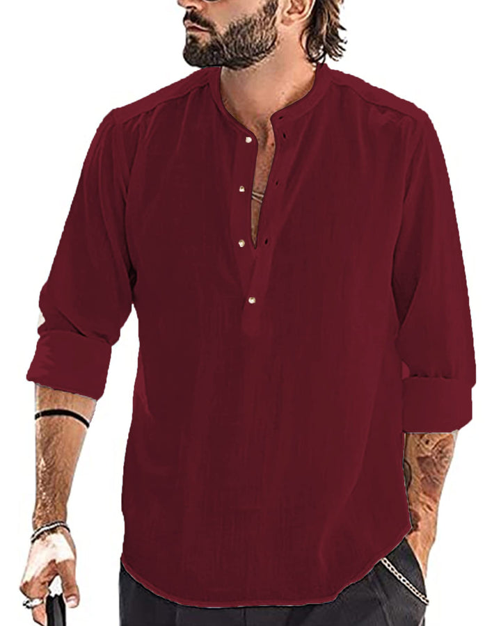 YAOBAOLE Herrenhemd, Leinen, Langarm, Sommer, Mao, lässig, Henley, Strandhemd, klassisch XXL Weinrot