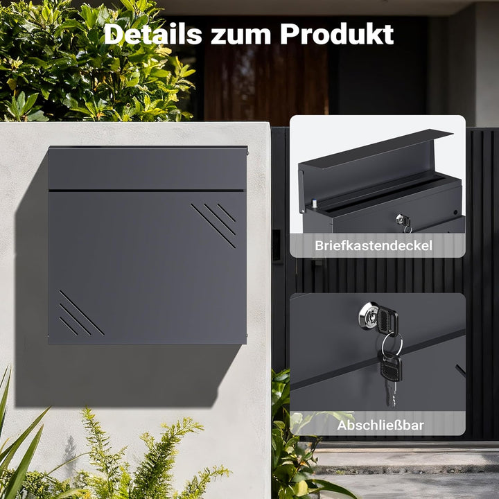 Wiltec Briefkasten Anthrazit V63 aus Stahl 37 x 11 x 37 cm, Wandbriefkasten mit Zeitungsfach und Sch
